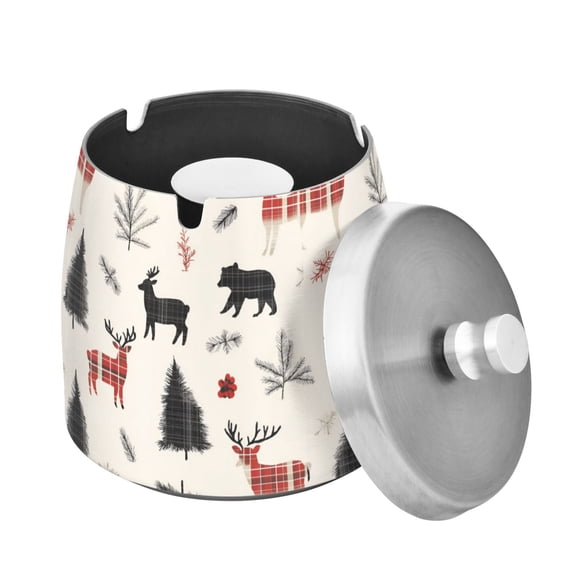 Yayeee Ashtray with Lid for Cigarette Smokeless Stainless Steel Home Ash Holder, Christmas Plaid Deer