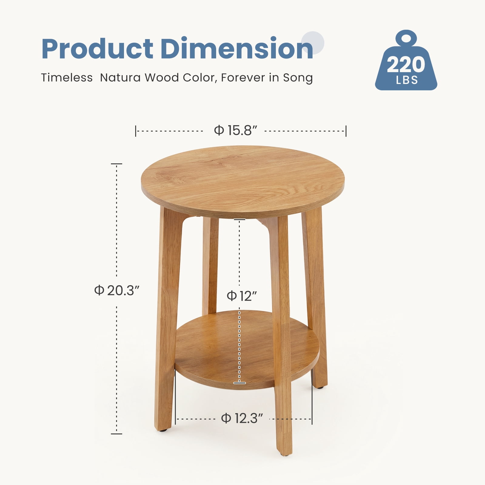 CONCETTA Bedside Nightstand, 2-Tier Round Side Table with Tapered Legs, Small End Table for Bedroom, White Wood