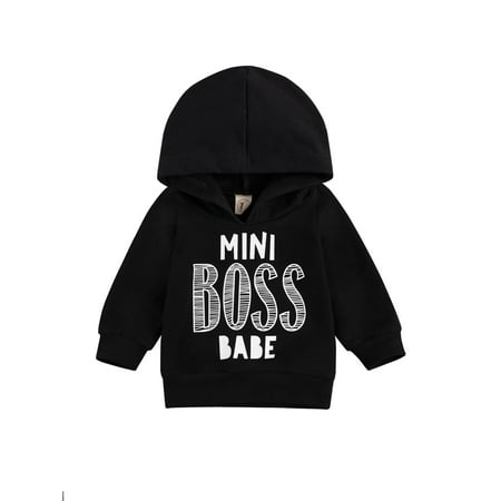 

IZhansean Infant Baby Boys Girs Mini Boss Sweatshirt Hoodie Outfits Long Sleeve Winter Fall Pullover Outerwear Black Hood 6-12 Months
