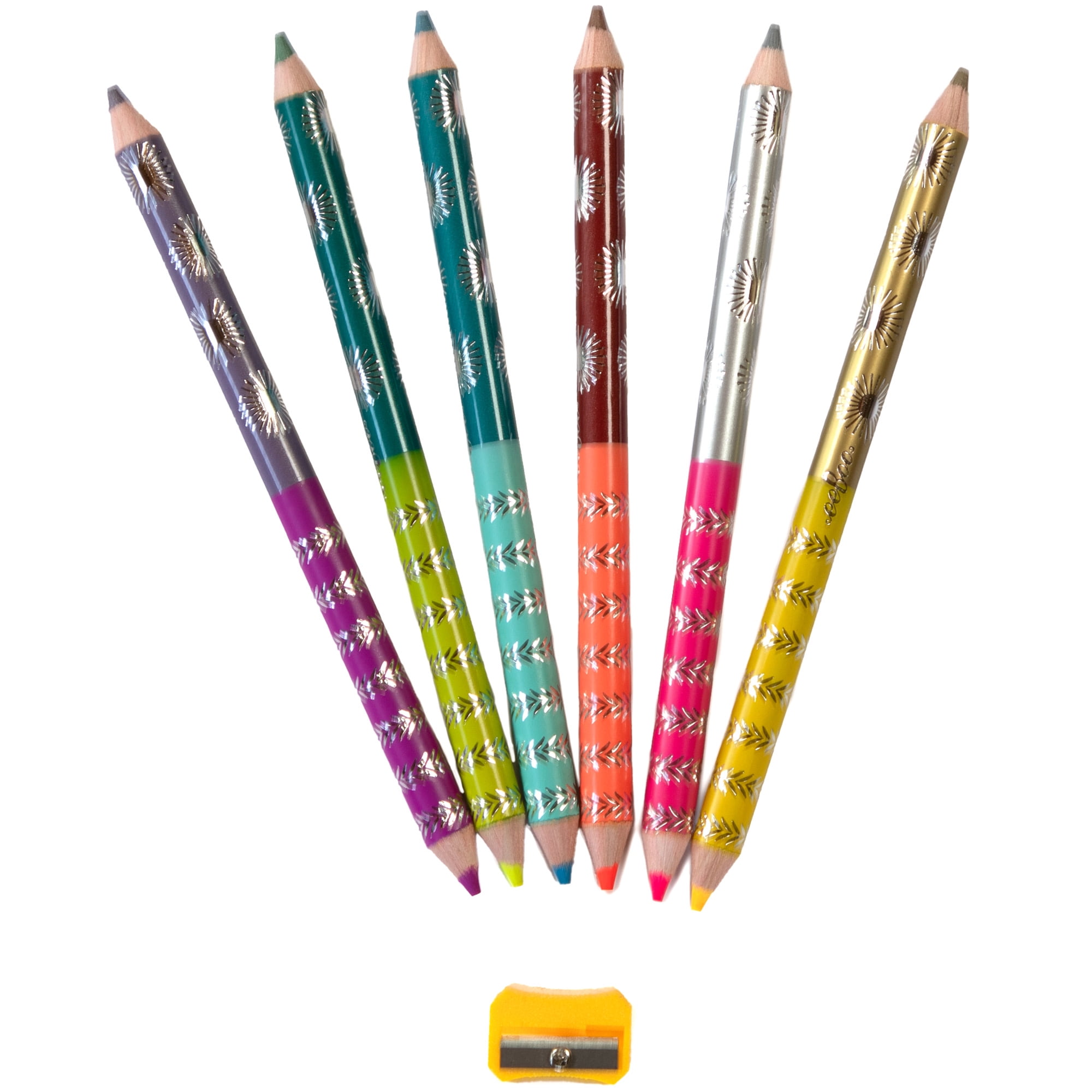 eeBoo: Double-Sided Jumbo Colored Pencils – Sea Life - 6pc Set, 12 Metallic & Fluorescent Colors, Sharpener, Chunky Foil Barrel, Kids Art Supplies