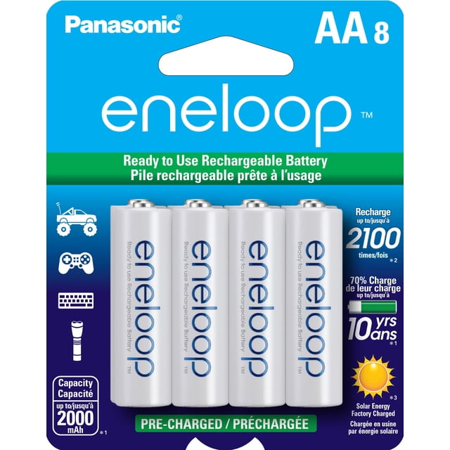 Eneloop Panasonic BK-3MCCA8BA AA Baterías recargables precargadas Ni-MH de 2100 ciclos, paquete de 8 baterías
