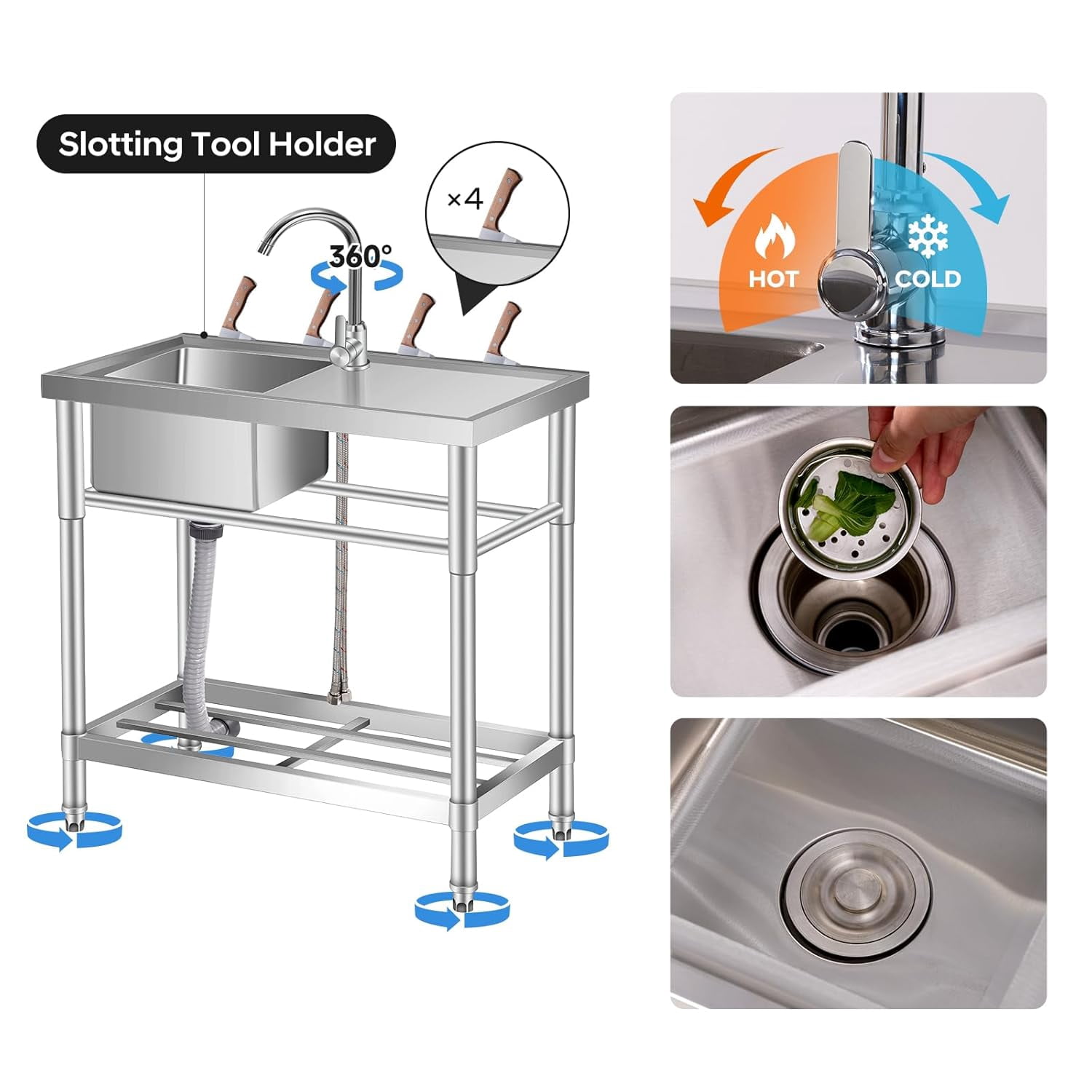 COZONY 30" Stainless Steel Utility Sink, Freestanding Kitchen Workstation with Faucet & Storage Rack & Hot/Cold Water Lines