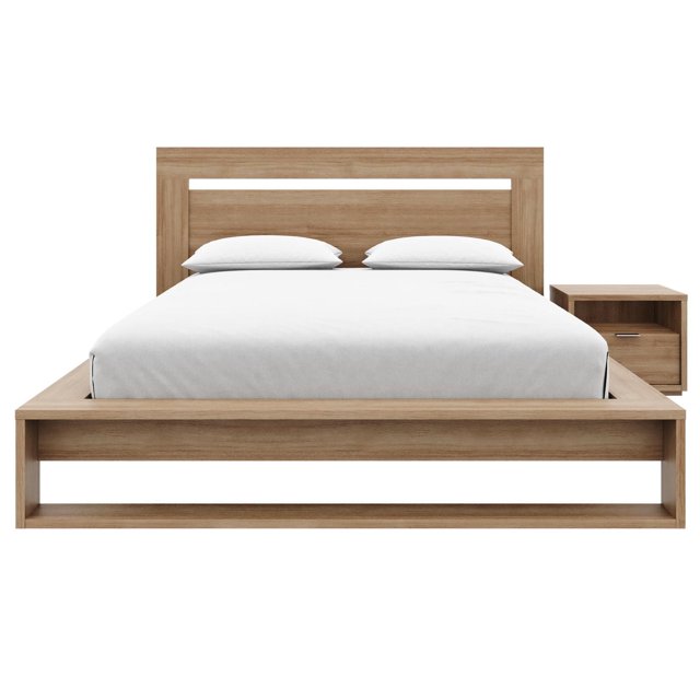 Morgan 3 Piece Bedroom Set with Headboard, Slatted Bedframe, 1 Nightstand in textured melamine oak finish, featuring a modern rectangular headboard with horizontal slat, low-profile bed frame with open base and center supports, and matching nightstand with one drawer and open shelf for versatile storage, crafted from engineered wood and designed for easy assembly.