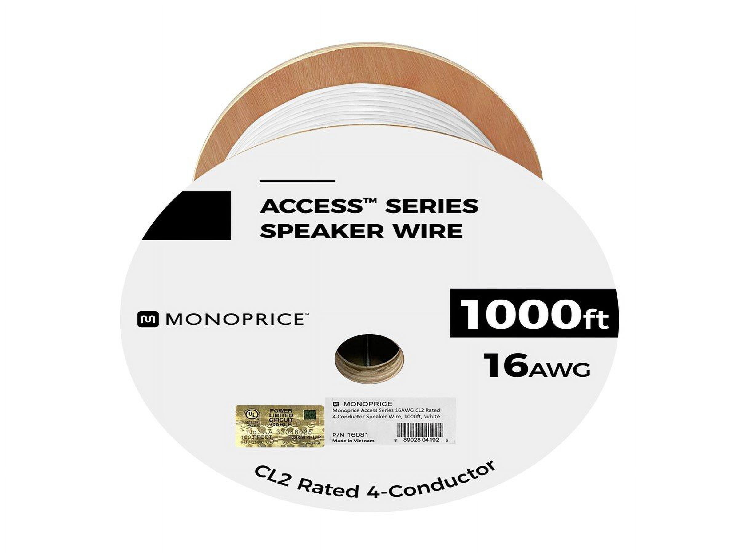 Monoprice Speaker Wire, CL2 Rated, 4-Conductor, 16AWG, 1000ft, White