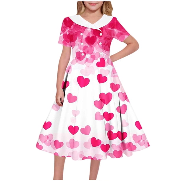 Vestido de manga corta con cuello en V para niña, estampado de manga corta, falda con cuello doblado y cintura mediana y grande, de poliéster.