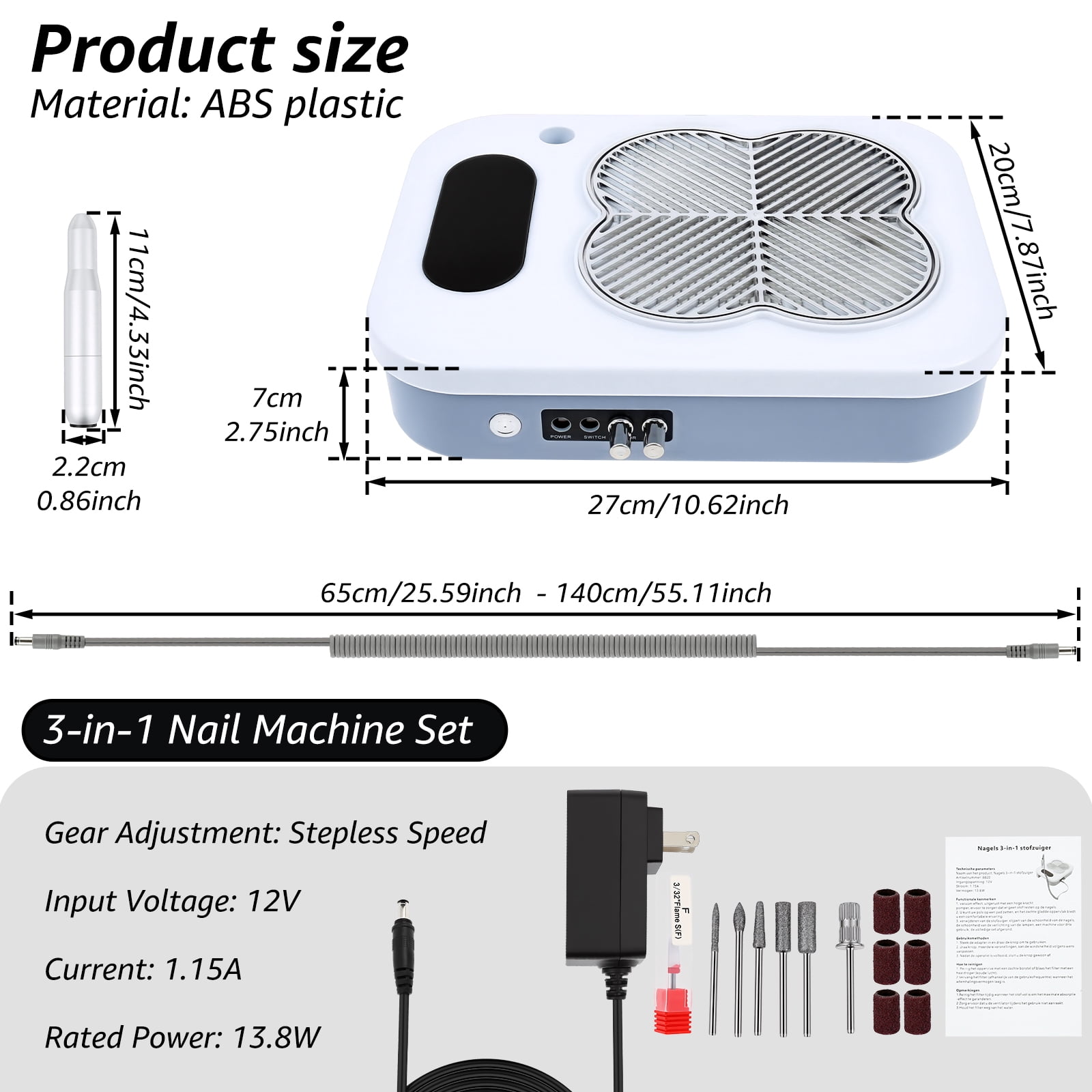 Threns 3 in 1 Nail Dust Collector with Curing Lamp, Professional Electric Nail Drill Bits Efile Kit with Nail Dust Collector, Nail Dust Vacuum High Suction for Home Salon