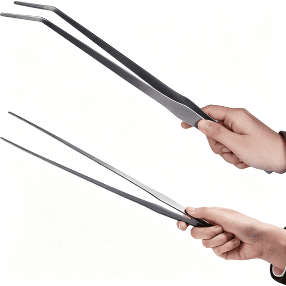 EXLEAF Extra Long Handle Aquarium Tweezers Serving Tongs Feed Clamp,2 Pack Stainless Steel Straight and Curved Tweezers Set for Fish Tank Plants Reptile Feeding Tongs（15 Inchs）