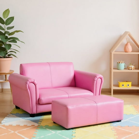 Resenkos Soft Kids Double Sofa with Ottoman-Pink, Kids Chairs for Kids