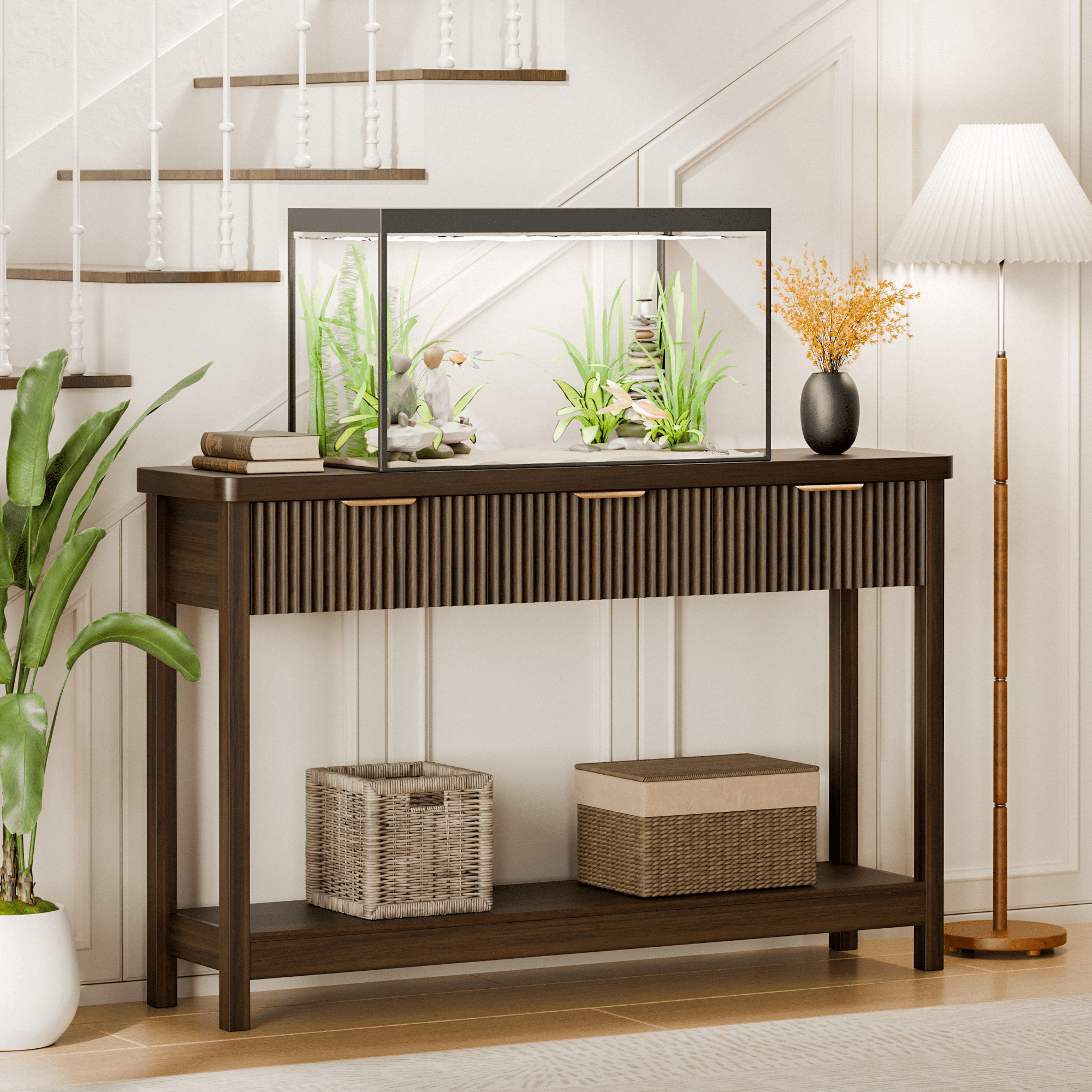 Laintene Fluted Console Table, 51" Narrow Entryway Table with 3 Drawers, Entry Sofa Table Behind Couch with Open Storage Shelf, Modern Display Shelf for Living Room Hallway, Walnut