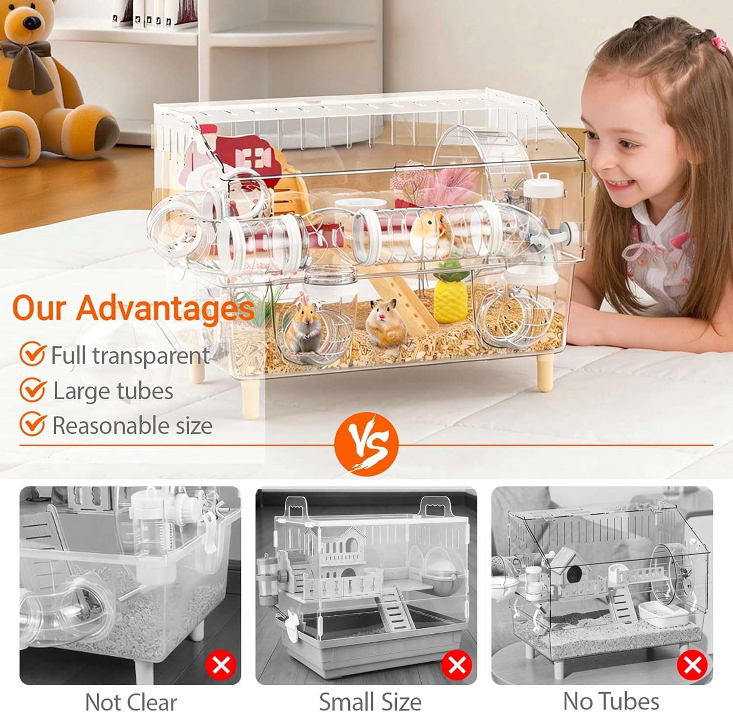 Acrylic Hamster Cage,8 in 1 Gerbil Cage with 360° Panoramic View,Top Open Mouse Cage with Tubes for Pet Mice,Dwarf Hamster,Gerbils (17.7"x13"x11.8")