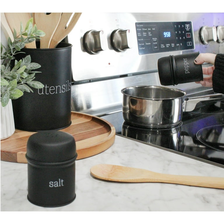 AuldHome Salt and Pepper Shaker Set (Black); Contemporary Modern Farmhouse  Retro Enamel Style Shaker Set