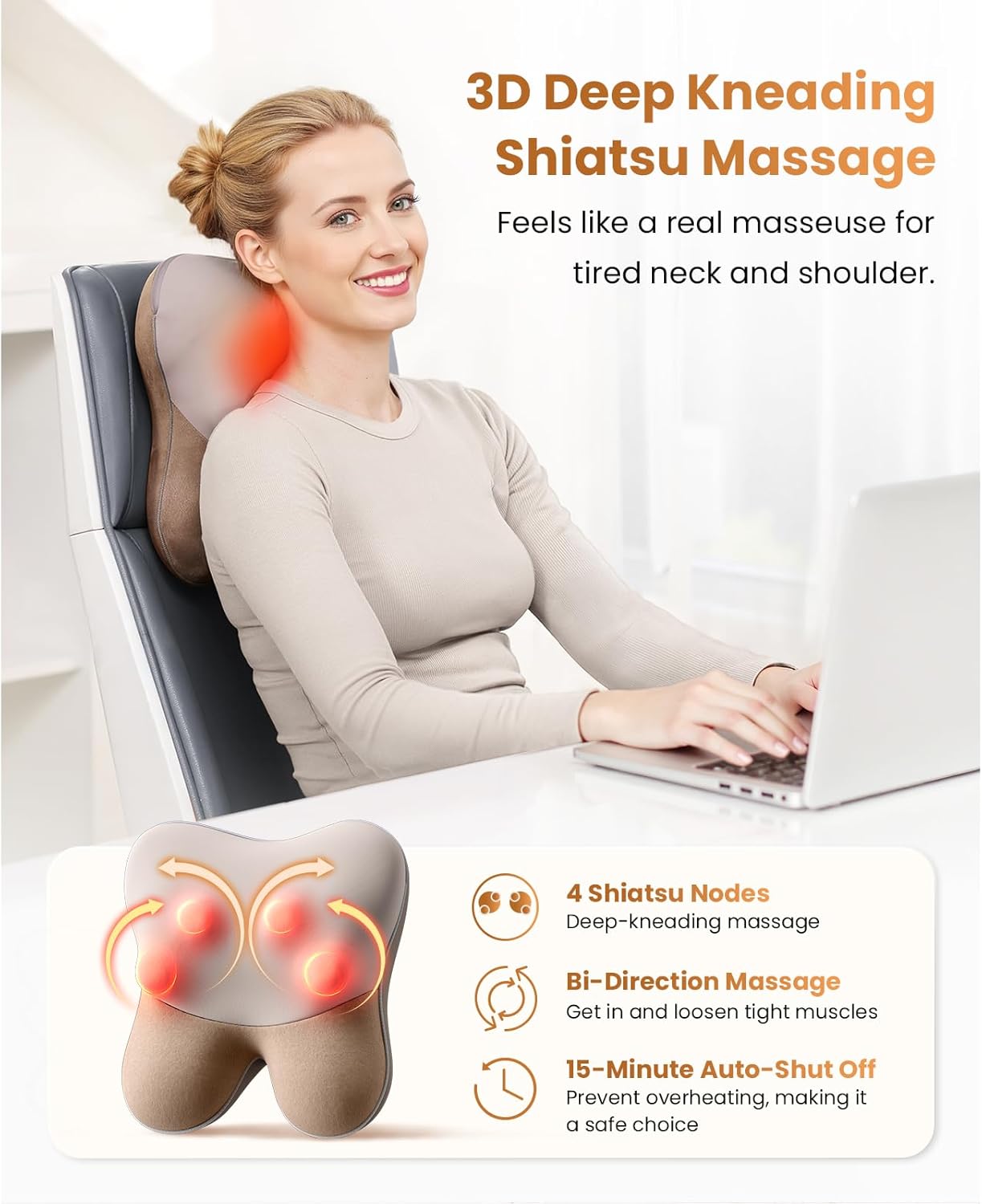 Bob and Brad EZBack Shiatsu 4 Deep-Kneading Massager Soothing Heat Therapy, Deep Tissue 3D Neck Shoulder Massager Pillow for Full Body Use Neck Shoulder Pain Relief, Ideal Gifts