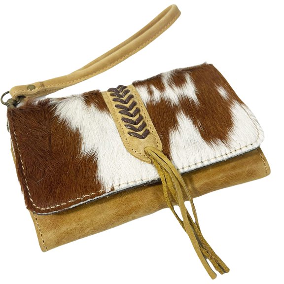 Stitched Fringe Leather Cowhair Clutch Wallet Phone Holder
