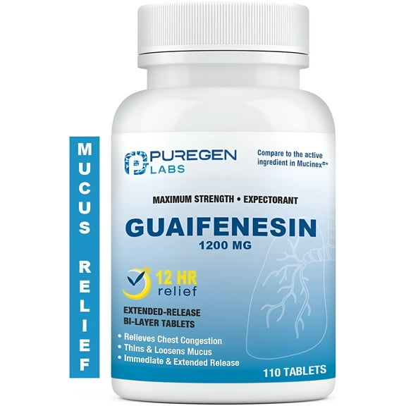 Puregen Labs Guaifenesin 1200 mg - Maximum Strength Mucus Relief Expectorant - 110 Tablets - 1PK