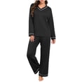 thumbnail image 2 of Women Fashionable Casual Loose Solid Color V Neck Long Sleeved Pants Pajama Set Top Pants Set, 2 of 7