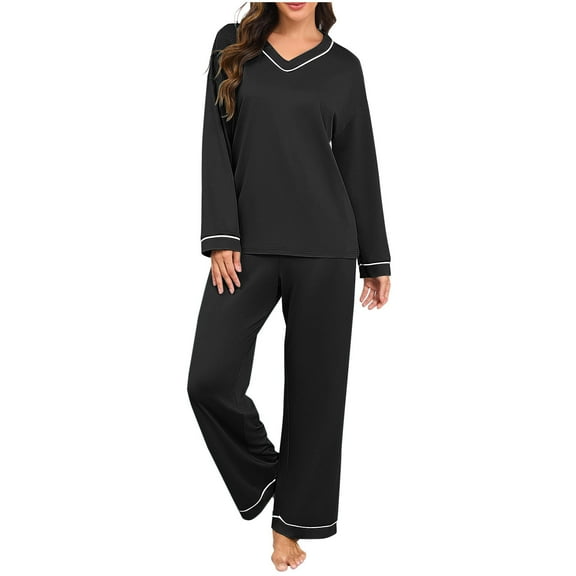Womens Pajama Sets Long Sleeve Top and Pant V Neck Solid Color Two Piece Outfit Sets