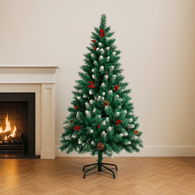 Arbol de Navidad Artificial 210m Verde con Efecto Nevado Piñas y Frutos Rojos Frondoso de Lujo con Serie de Luz Led