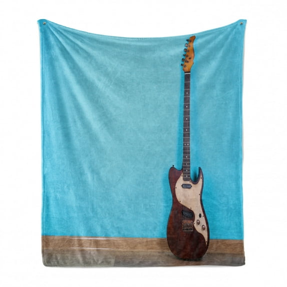 Guitar Soft Flannel Fleece Throw Blanket, Rock Band Retro Photo of Electric Musical Instrument with Strings, Cozy Plush for Indoor and Outdoor Use, 70" x 90", Aqua Umber, by Ambesonne