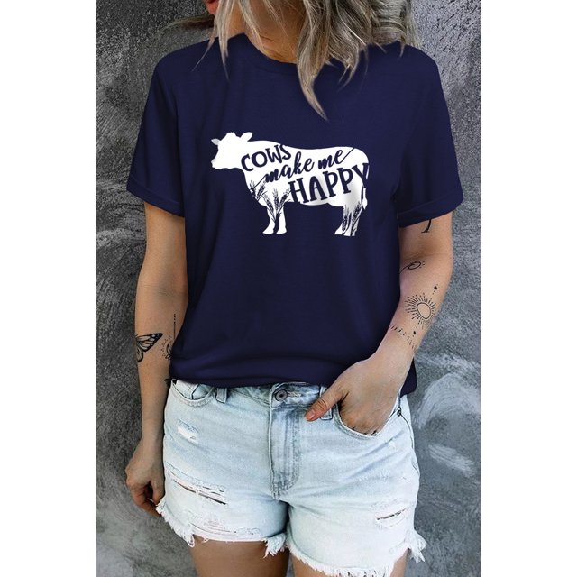 ABPHQTO Camiseta de manga corta con estampado gráfico de letras Blue Cows Make Me Happy para mujer