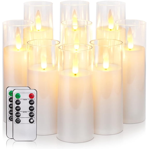 Merrynights Flameless Pillar Candles, White Acrylic LED Battery Operated with Remote Control and Timer, 9-Piece Set