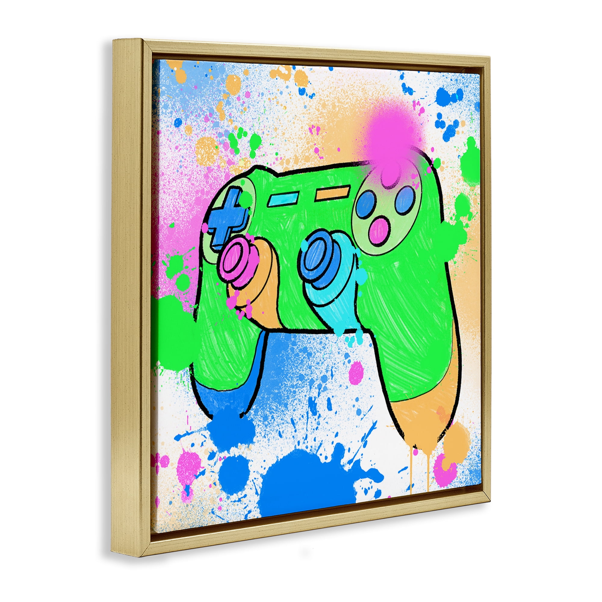 Stupell Industries Splattered Game Controller Entertainment Painting Gold Floater Framed Canvas Art Print Wall Art, 25 x 25
