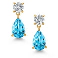 thumbnail image 2 of Gem Stone King 18K Yellow Gold Plated Silver Swiss Blue Topaz and Lab Grown Diamond Earrings for Women | 8.94 Cttw | Gemstone November Birthstone | Pear Shape 12X8MM, 2 of 4