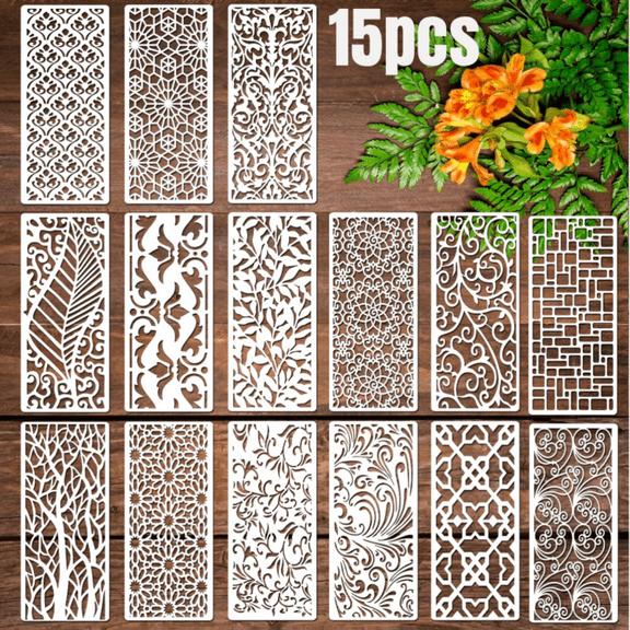 15 Pieces Stencils for Crafts, Border Leaf Stencil Template Plant Furniture Cake Decorative Stencils for Painting on Card Making