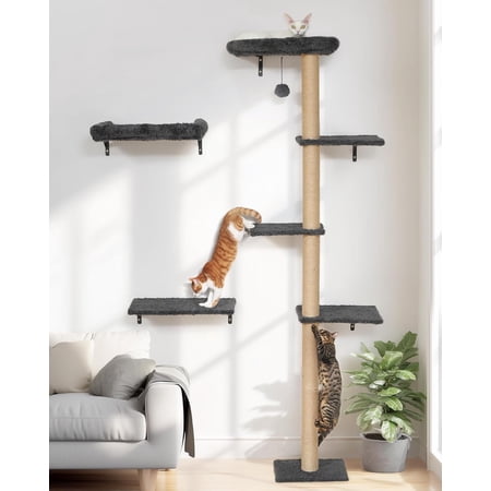 Cat Wall Shelves Stable Wall Mounted Cats Furniture Set Kitten Scratching Post with Soft Cushion Perch Space Saving Climbing Wall for 16 Inch Drywall - Gray