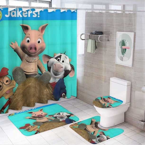 ¡Jakers! Las aventuras de Piggley Winks-theme 4-Piece Shower Curtain Set with Rugs, Waterproof Bathroom Decor Set Includes Bath Mat, U-Shaped Rug, Toilet Lid Cover and Curtain with Hooks