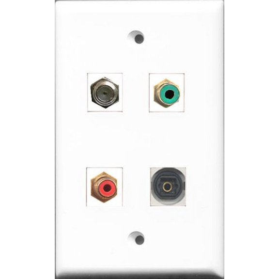 RiteAV 1 Port RCA Red and 1 Port RCA Green and 1 Port Coax Cable TV- F-Type and 1 Port Toslink Wall Plate