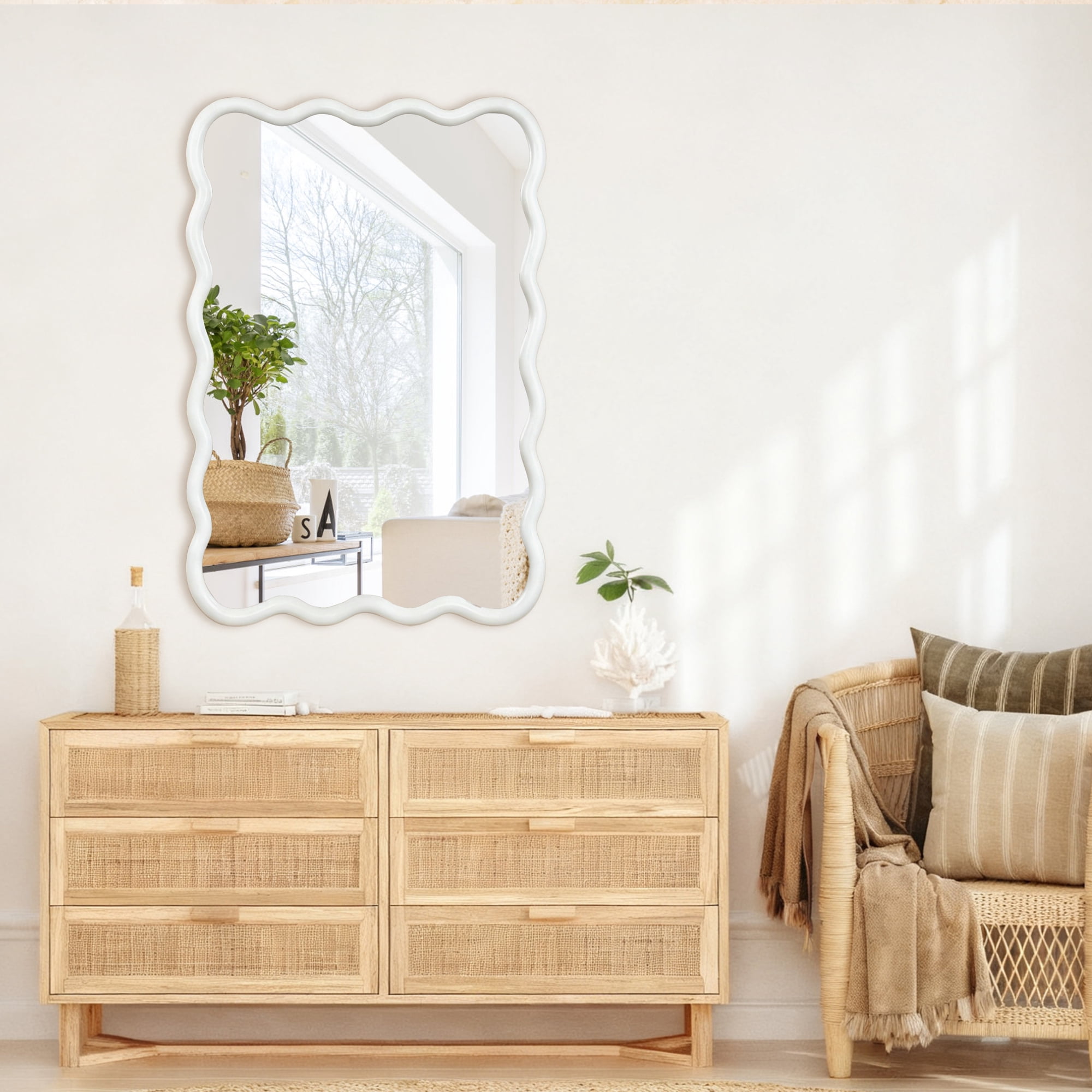 Leumius 24"x36" Wavy Rectangle Mirror, Solid Wood Frame Decorative Mirror for Bedroom Bathroom Living Room Entryway White