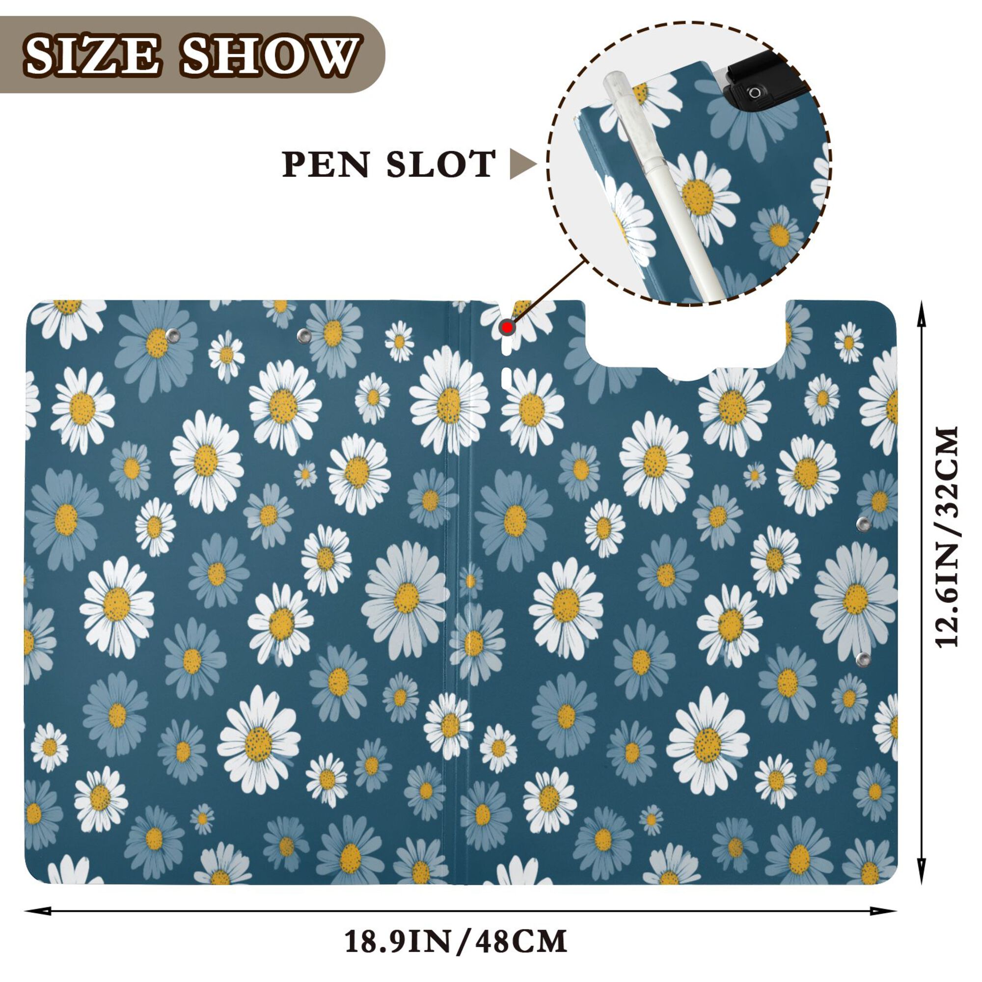 FORMRS A4 Clipboard Folder with Pen Holder Horizontal Foldable School Office Binder, Green Daisy Pattern