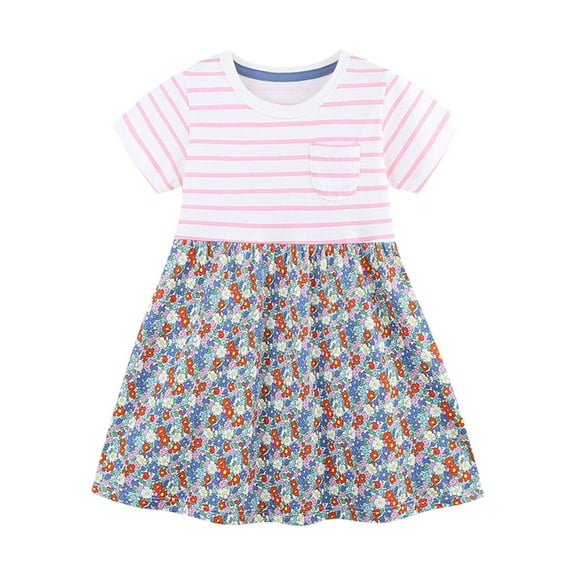 Odeerbi Toddler Girls Cartoon Print Cotton Dress Summer Cute A-Line Dress Children's Striped Knitted Short Sleeve Dress Toddler Girls Clothes