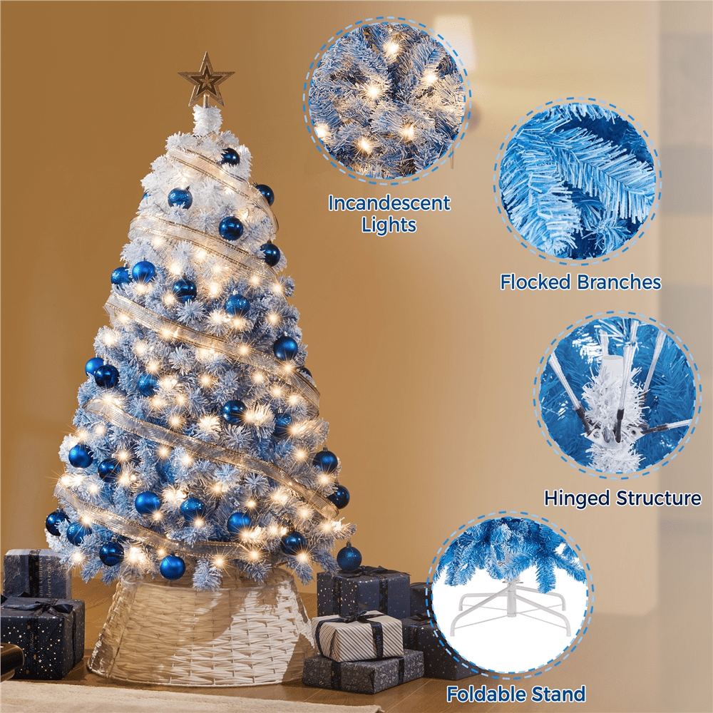 Alden Design 4.5ft Pre-lit Flocked Artificial Christmas Tree with Foldable Stand, Lake Blue Gradient