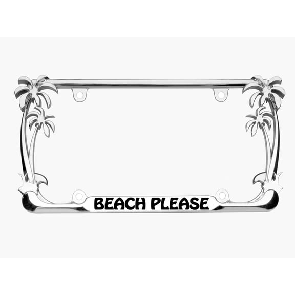 Beach Please Design Palm Tree Style Metal License Plate Frame Personalized/Car Accessories Car Tag Holder Cover (Chrome/Black)