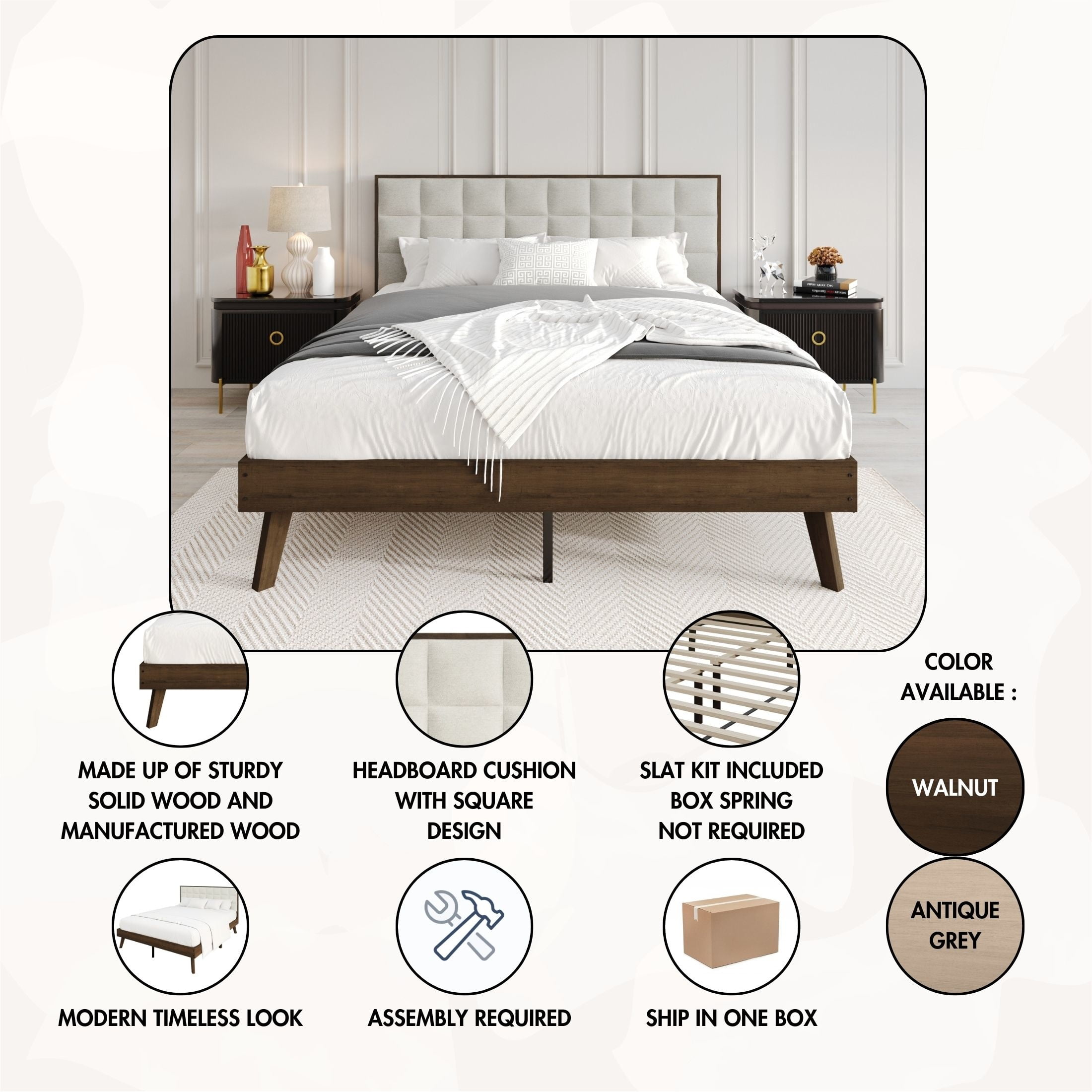 Castle Place Modern Wooden Queen Platform Bed, Walnut