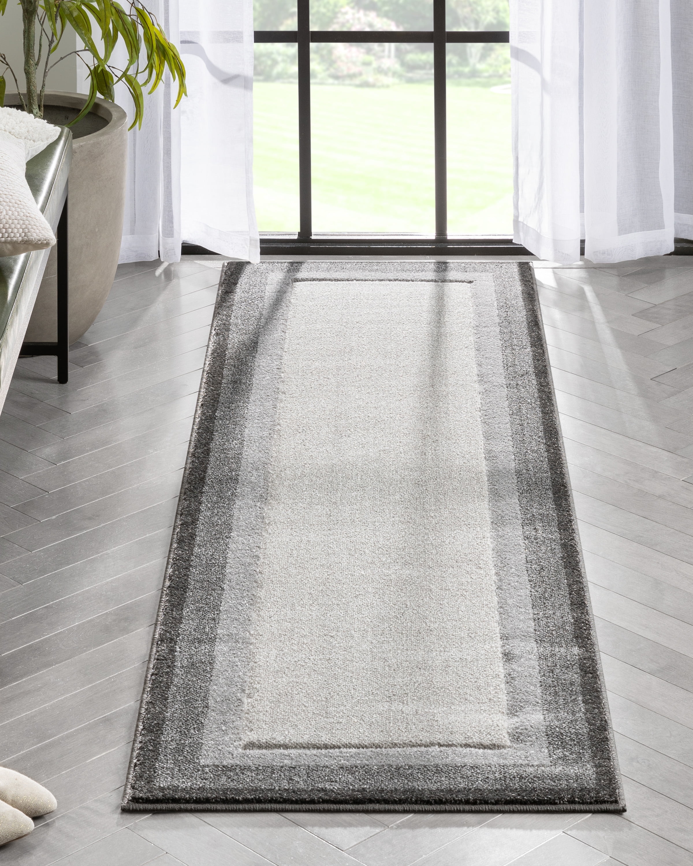 Well Woven Arian Grey Solid Border Geometric Modern Runner Rug 2x7
