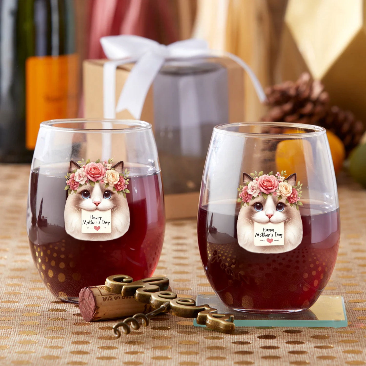 Happy Mother's Day Ragdoll with Flower Crown and Greeting Card 15oz Stemless Wine Glass Mug Cat Lover Kitten Owner Gifts Idea Wine Glasses Cup - 13004
