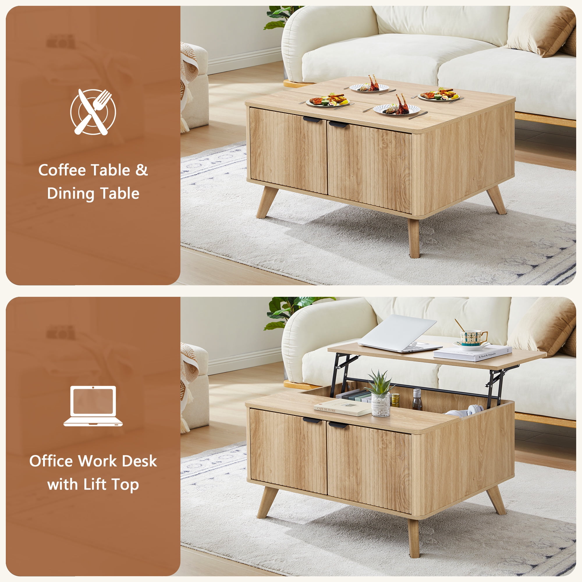 PHOYAL Wood Lift Top Coffee Table with Hidden Compartments for Storage, Fluted Square Coffee Table with 2 Doors for Living Room, Natural