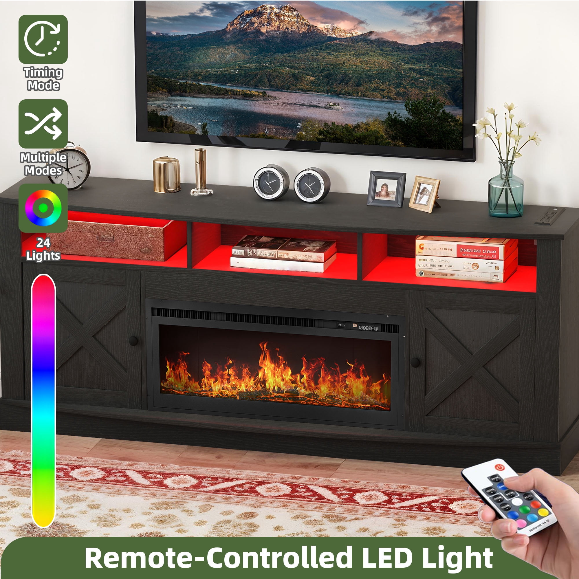 Uforic 70'' TV Stand for 80-Inch TV, Entertainment Center with Multi-Color LED Lighting, Charging Outlets, & Plenty of Storage for Living Room, Black