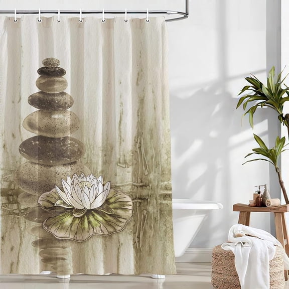 Zen Stone Shower Curtain Lotus Bathroom Decor Shower Curtain Fabric Polyester Waterproof with Plastic Hooks 72" X 72"