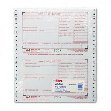 Tops 2206C W-2 Tax Forms for Dot Matrix Printers 6-Part Carbonless 24 Continuous Sets/Pk