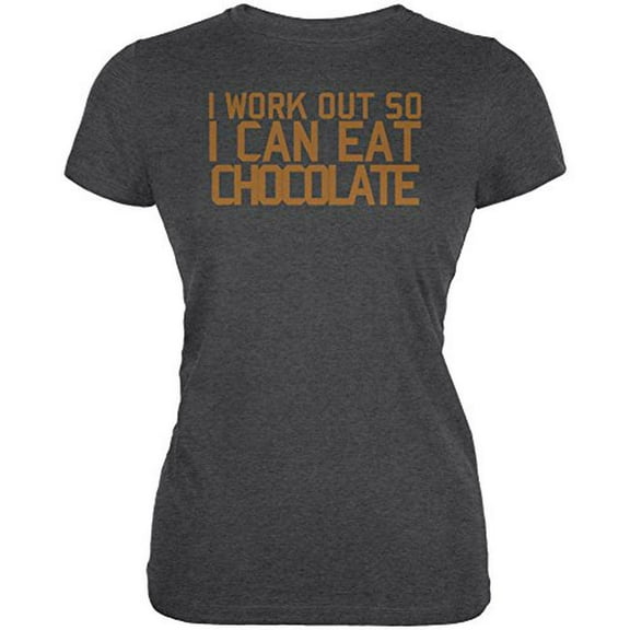 Work Out Eat Chocolate Juniors Soft T Shirt Deep Heather MD