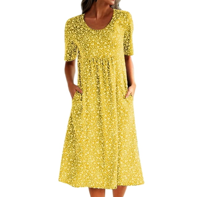 LUXUR Robe T-shirt Courte Mini pour Femmes Col Rond Robe T-shirt Robe d'Été Simple Manche Jaune 5TG