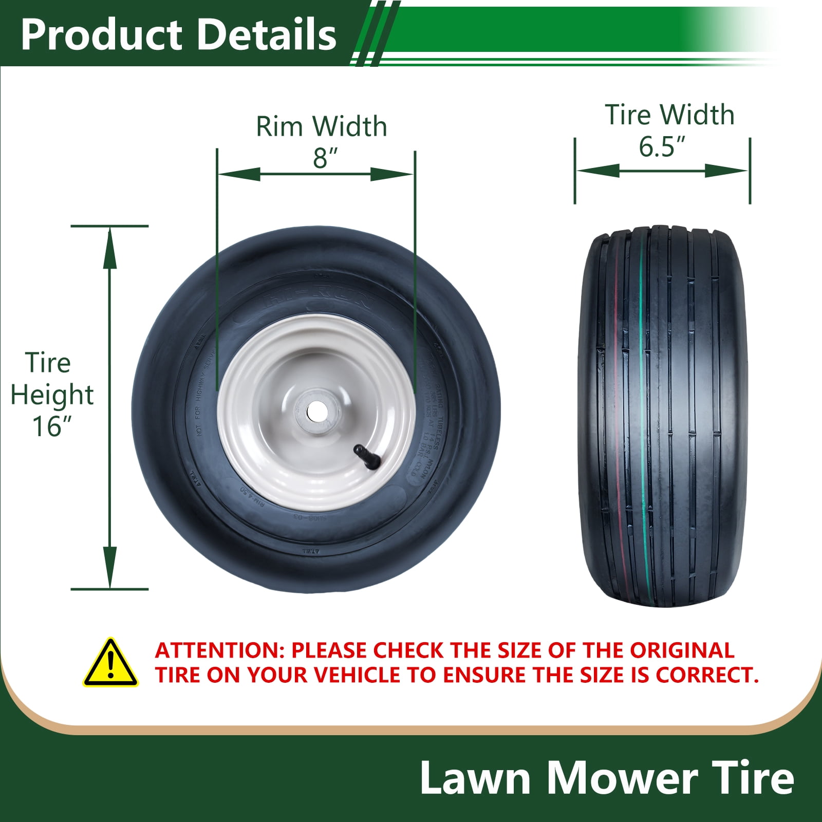 Hi-Run 2 Set SU08 16X6.50-8 2PR Lawn & Garden Tires and Wheel Assembly on 8X5.375 White Wheel with 3/4" Bushing