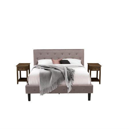 NL14Q-2DE07 3 Pc Bedroom Set - Button Tufted Platform Bed - Brown Taupe Velvet Fabric Upholstered Headboard and a Distressed Jacobean Finish Nightstand