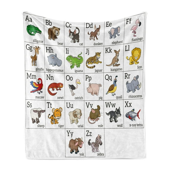 Educational Soft Flannel Fleece Throw Blanket, Alphabet Learning Chart Cartoon Animals Names Letters Upper and Lowercase, Cozy Plush for Indoor and Outdoor Use, 50" x 60", Multicolor, by Ambesonne