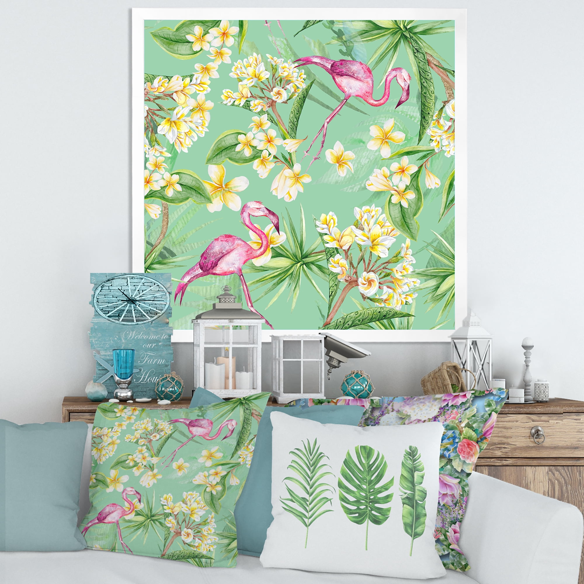 Designart 'Yellow Flowers, Tropical Foliage With Flamingo V' Traditional Framed Art Print