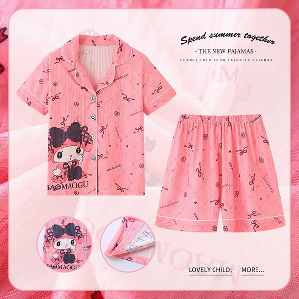 Pijamas Kawaii de Anime Sanrios para niños, lindos Mymelody Kuromi Cinnamoroll, cárdigan de verano de manga corta con dibujos animados, ropa para el hogar, trajes, regalos