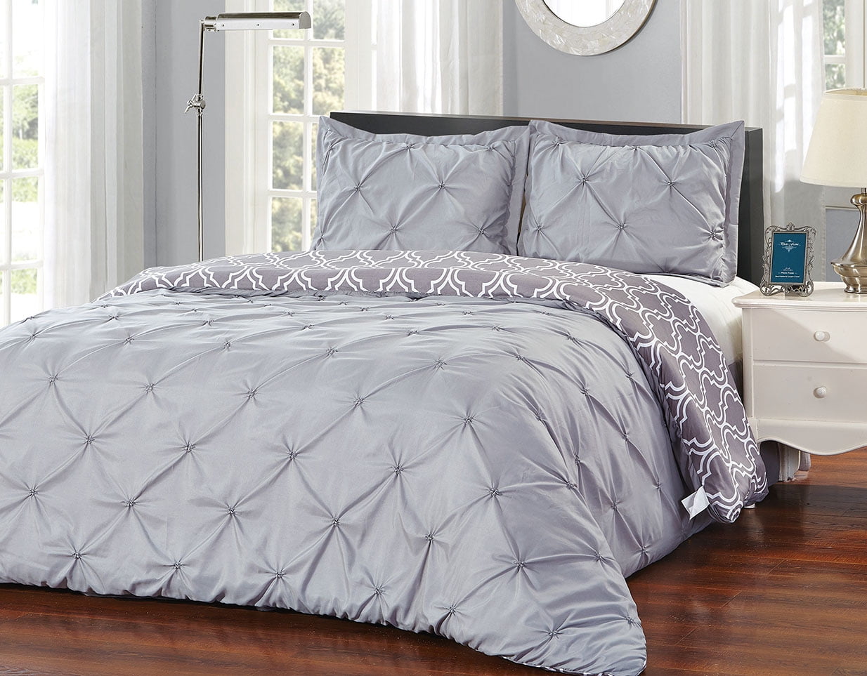 Unique Home 3 Piece Grey Pinch Pleat Reversible Comforter Set